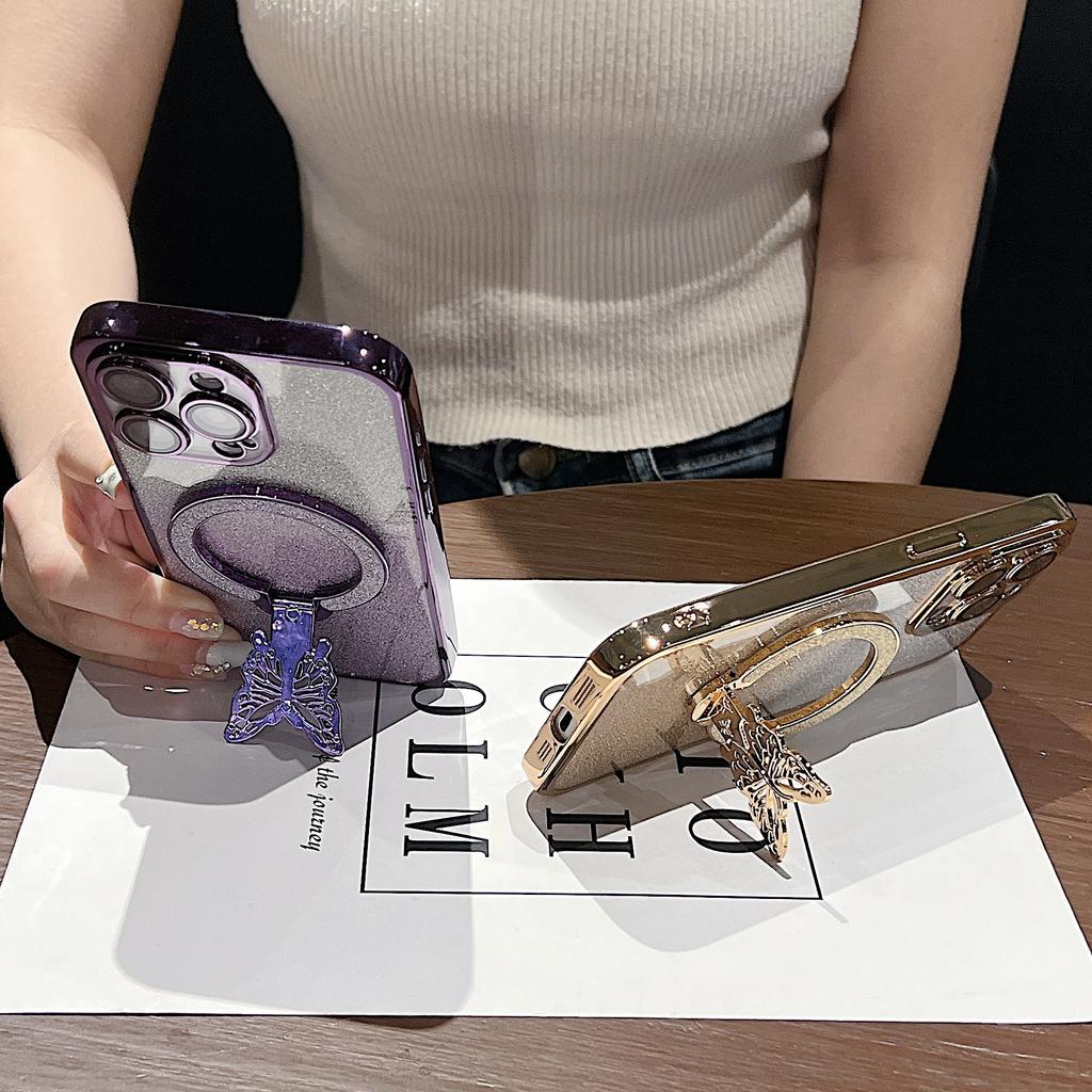 Для Apple 16 Чехол для телефона с кронштейном-бабочкой для IPhone 15 Promax Зеркальный с гальваническим покрытием Градиентный Блестящая пудра 14 Жесткий чехол