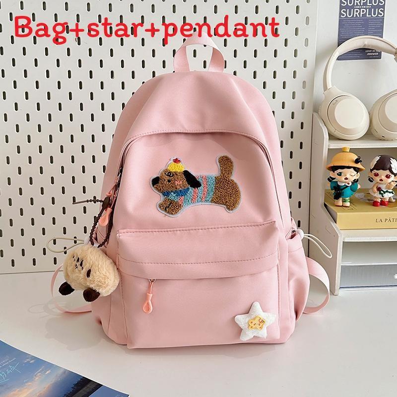 Solid Color Cute Sausage Dog Embroidery Pattern Student Backpack With Star Pendant