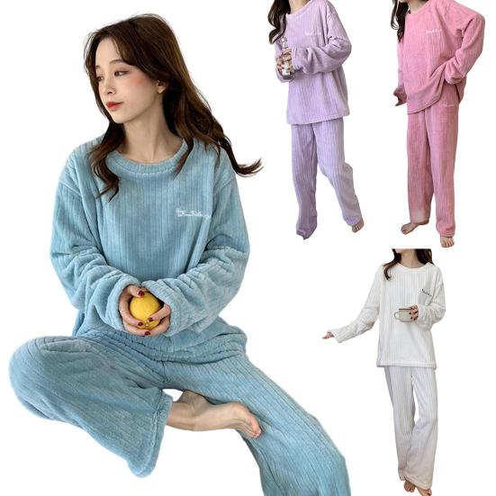 2 шт./комплект унисекс зимняя пижама комплект круглый вырез однотонный утолщенный коралловый флис домашняя одежда