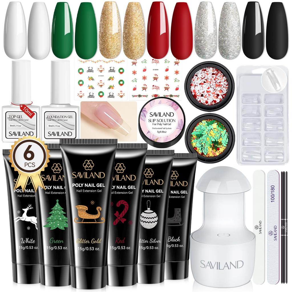 Saviland Christmas Polygel Nail Kit 6 Colors Poly Nail Polygel Lengthening Gel Nail Kit with UV Nail Lamp Slip Solution Nail Lengthening Gel Kit Easy