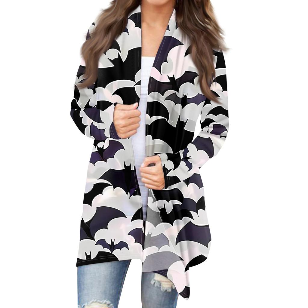 Женский кардиган с длинным рукавом спереди и принтом на Хэллоуин, легкая куртка