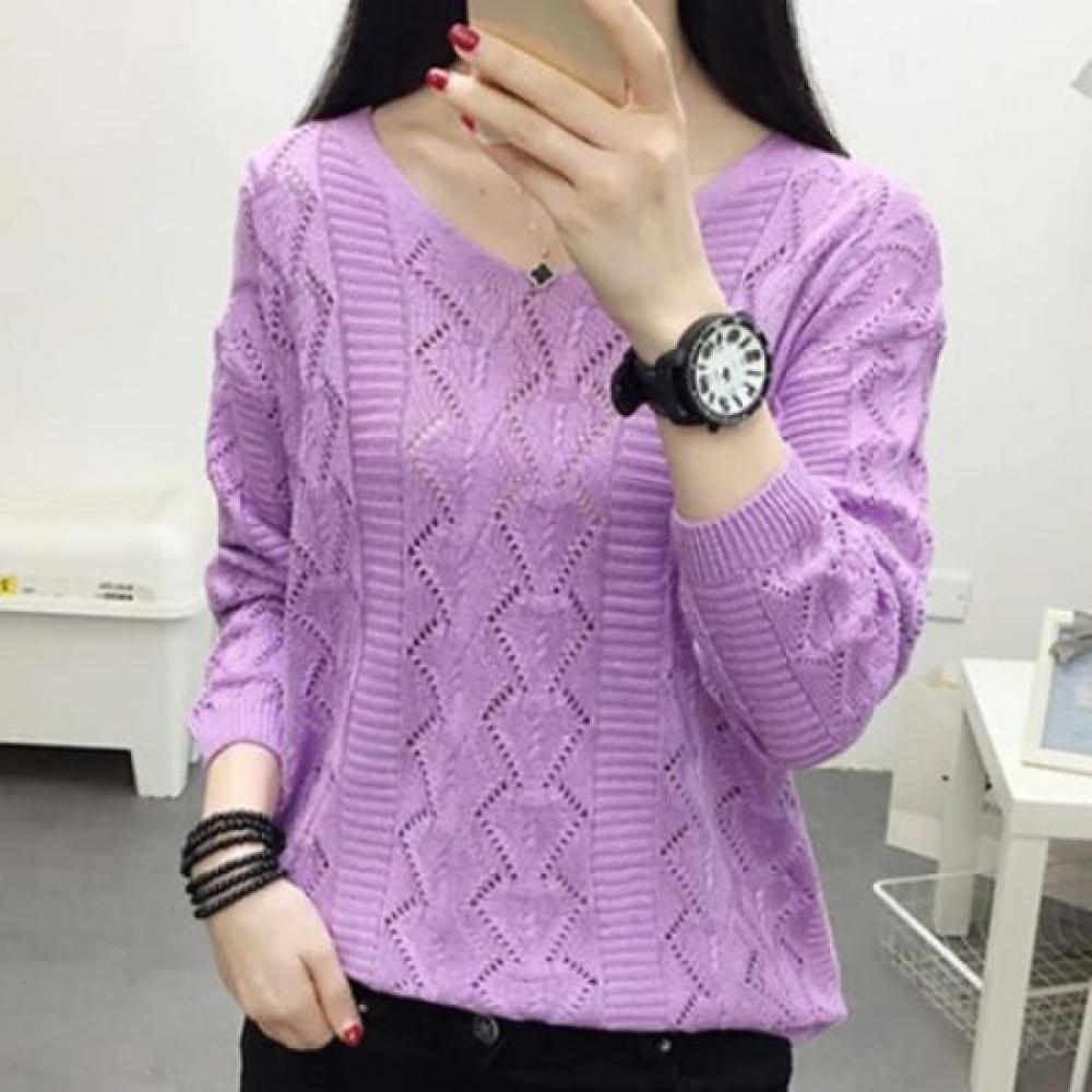 NaVaVa Nk1988 Simple Punching Thin Long SleeVe V Neck Knit Top