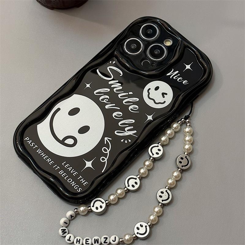 Силиконовый чехол с кремовым узором и браслетом для iPhone 16 Pro — подходит для моделей 6–8, 12, 14 и 15