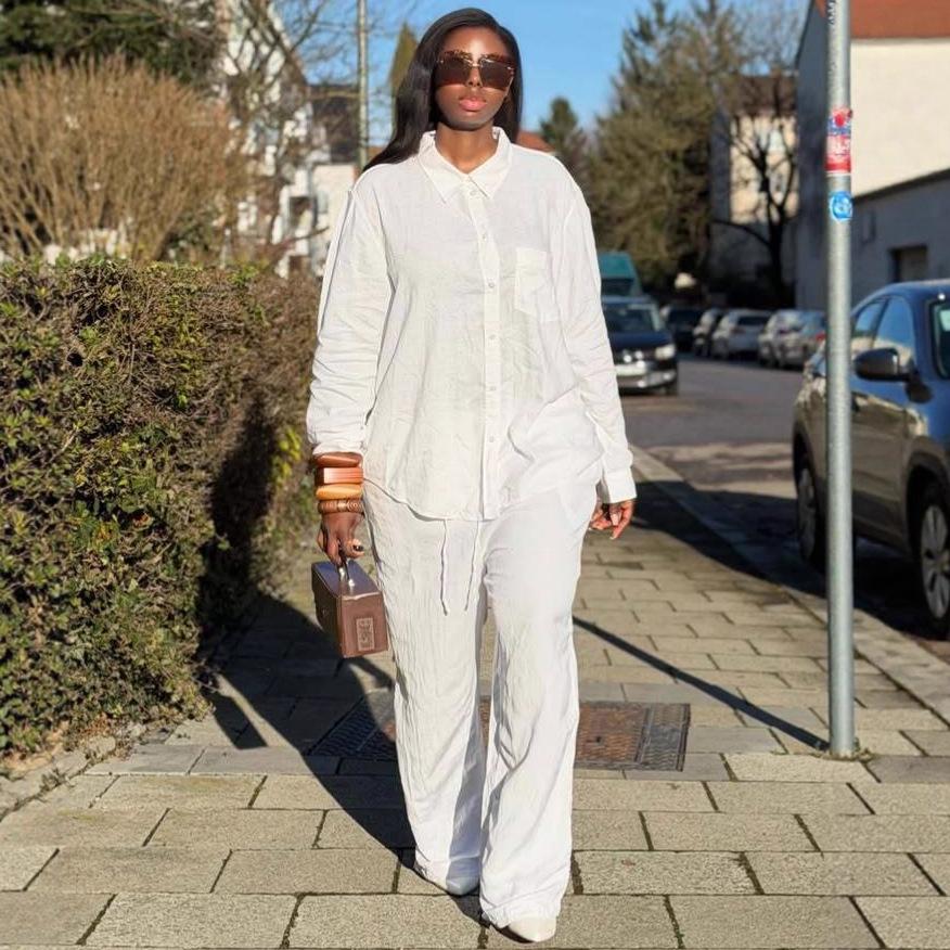 European and American fashion simple atmosphere solid color lapel long-sleeved shirt women's African foreign casual trousers women's two-piece set