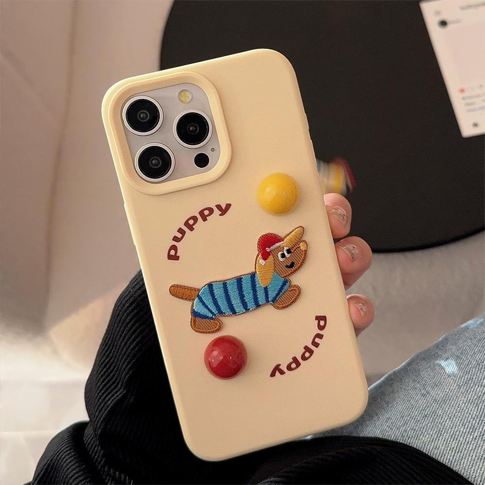 Embroidered Puppy Apple 16 Mobile Phone Case Color Polka Dot Bracelet Iphone17 Suitable for 13 Silicone 15promax Three Dimensional