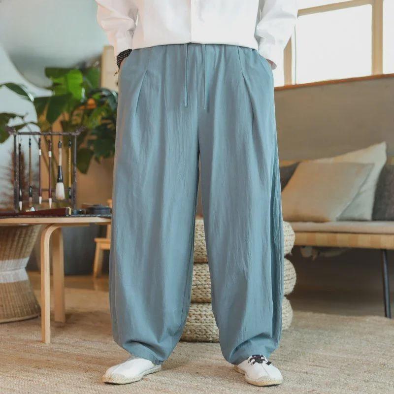 Мужские свободные шаровары из хлопка и льна с широкими штанинами