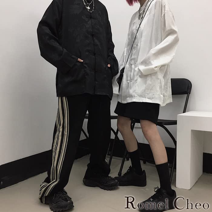 RomelCheo Dragon Print Cheongsam Kung Fu Oversized Chinese Chinese Button Mao Long Black Shirt, Hanfu, Men's Shirt, Tee, Unisex, Monochrome, Clothing,