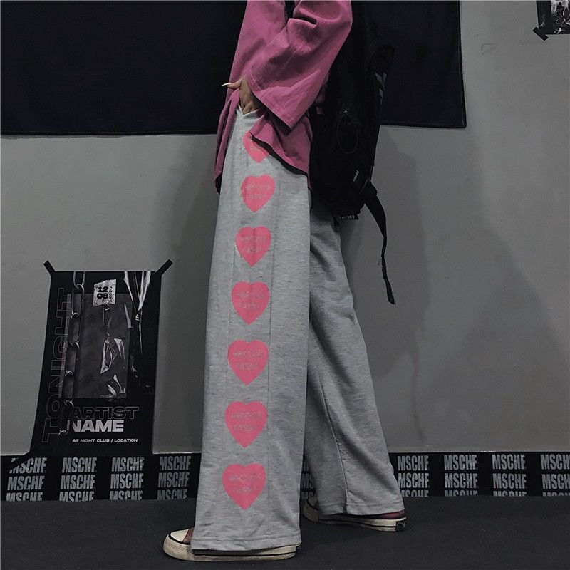 Retro Style Harajuku Pants Womens Heart Shaped Letter Printing Loose Pants Wide Leg Pants Womens Springsummer