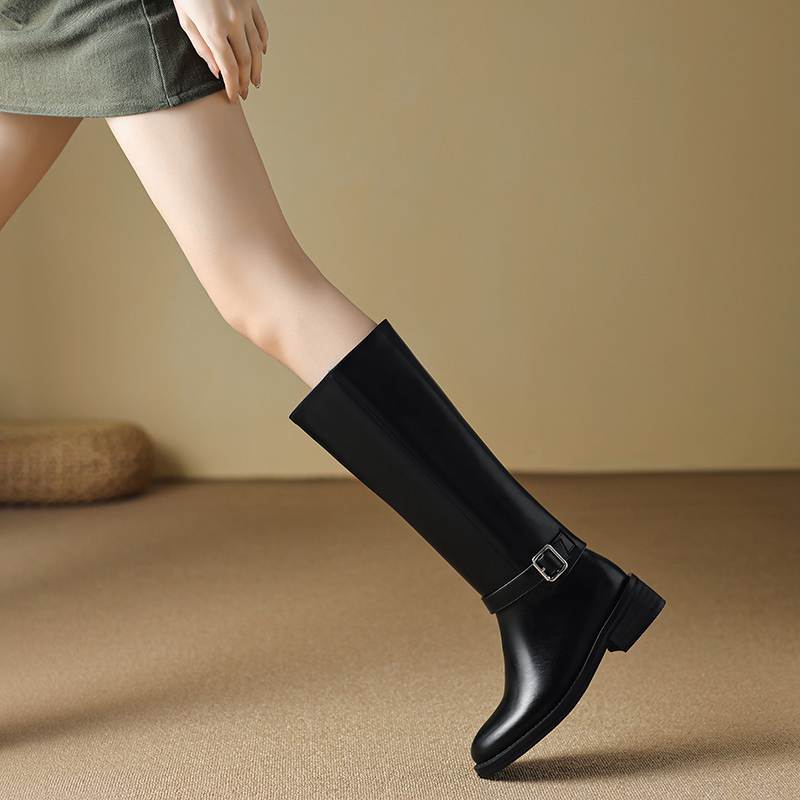 Krazing Pot Cow Skin Autumn Winter Shoes Riding Boots Round Toe Keep Warm Metal Square Buckle Med Heels Thigh High Boots