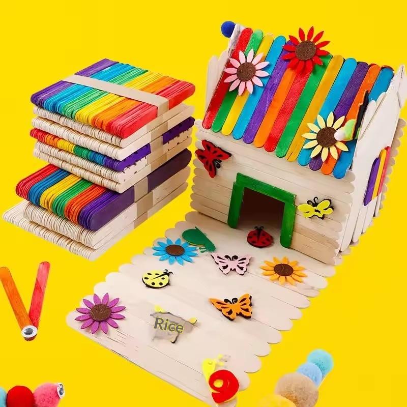 100Pcs Natural Wooden Ice Cream Sticks DIY Craft Wood Strips Kids Art Handicraft Supplies