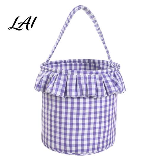 Festive Party Favor Holders Halloween Basket Plaid Ruffle Trick or Treat Candy Bucket with Handle Baskets for Kids Reusable Gingham Fabric