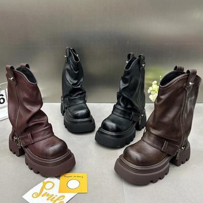 Модный дизайнер Винтажные женские ботильоны Модные слипоны Рыцарские короткие ботильоны Женские повседневные ботинки на платформе на каблуке Botas Mujer