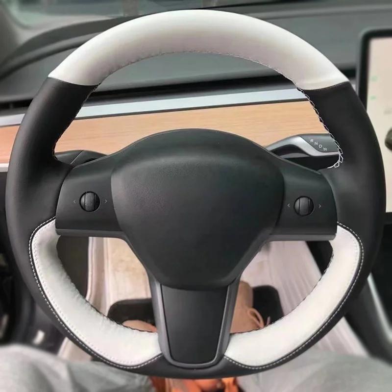 Custom DIY Car Steering Wheel Cover Carbon Fiber Suede Leather For Tesla Model 3 2017 2018 2019 2020 Car Interior Accessories