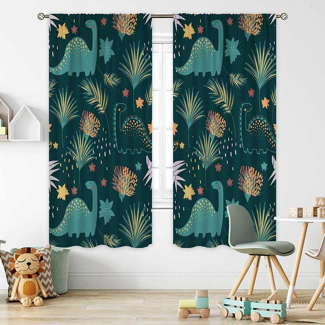 Unicorn Curtains Rainbow Bedroom Girls Decor Boys Dinosaur Curtain Colorful Cartoon Dino For Kids Safari Wildlife Window Drapes