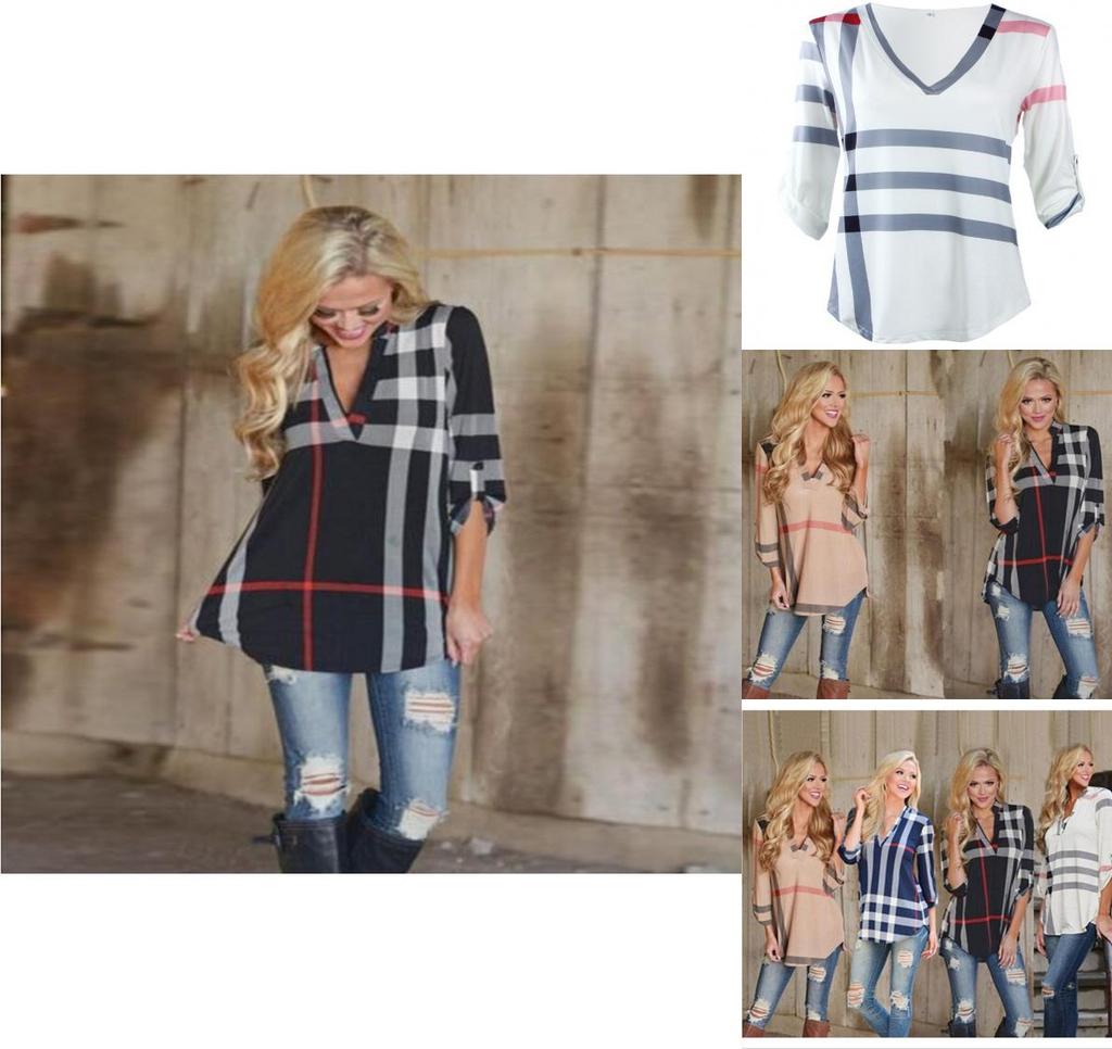 New Blouse Womens Striped Plaid Long Sleeve Ladies Top T Shirt Loose Casual Tops