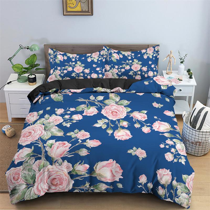 3D Design Flower Duvet Cover Sets Queen Size Floral Print Set Sleeping Decor Black Quilt/Comfort Cover With Pillows