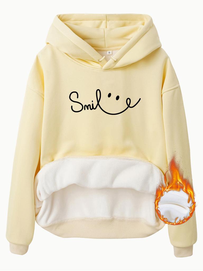 European Size Women's Fleece-Lined Hooded Sweatshirt with Smiling Print - Long Sleeve Kangaroo Pocket (Autumn/Winter)