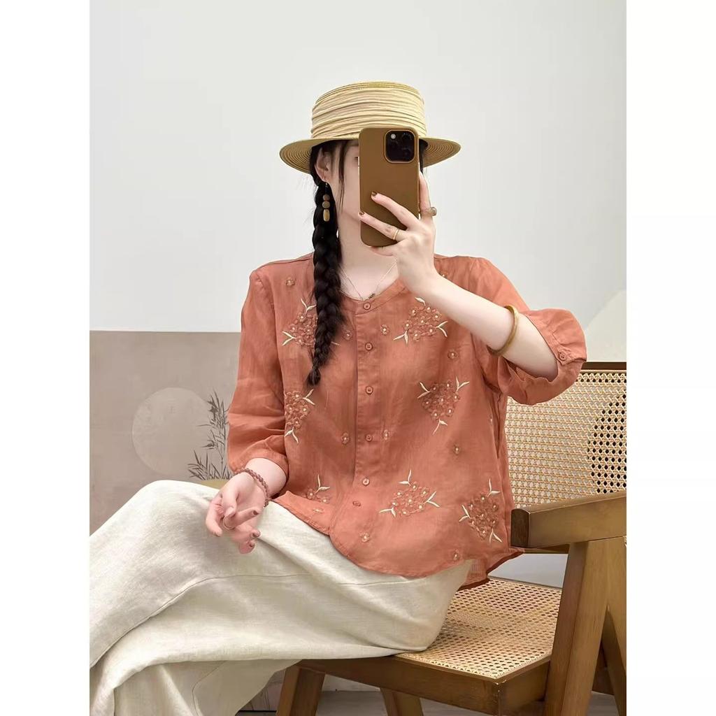 Women S Short Sleeve Embroidered Cotton Blouse Loose Plus Size Summer Top