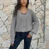 Women's Fashion V-neck Single-breasted Sweater Coat Solid Color Cardigan With Sleeves