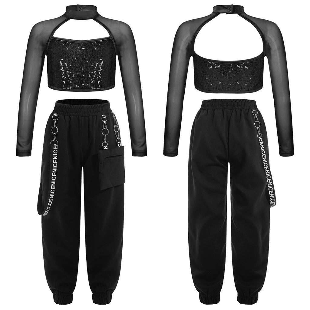 Kids Girls Casual Outfits Long Sleeve Mock Neck Crop Top with Elastic Waistband Pants for Hip-hop Street Dance