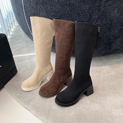 Женские ботинки с круглым носком и толстой подошвой, коричневые, 2025, осень-зима, новые ботинки, замшевые ботинки, женские ботинки, высокие рыцарские