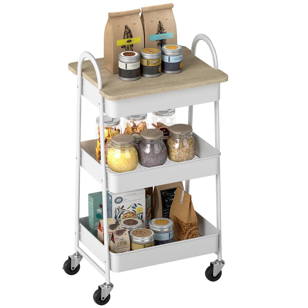 3-Tier Kitchen Storage Trolley with on Wheels Cover Top Board - White and Oak