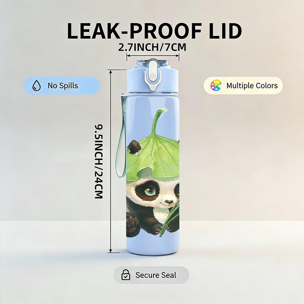 1 шт. Бутылка для воды спортивная пластиковая 750 мл с рисунком «Панда под зеленым листом» Герметичная крышка с откидным носиком Подходит для спорта, офиса, дома