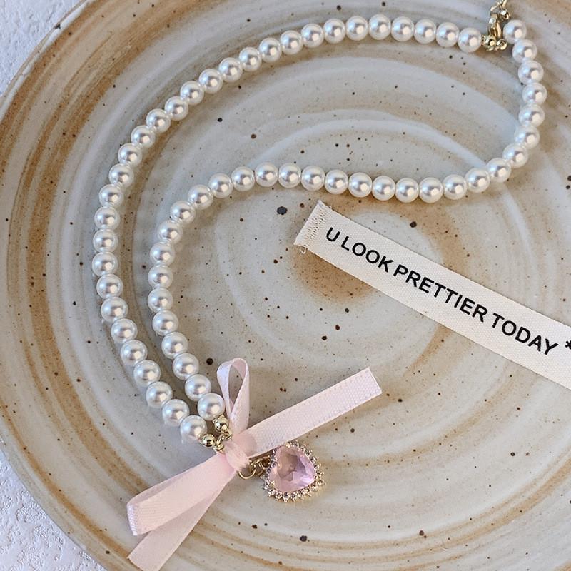 iF ME Ожерелье с розовым цирконием и бантом в форме сердца, сладкий искусственный жемчуг, колье-цепочка из бисера для женщин, ювелирные аксессуары