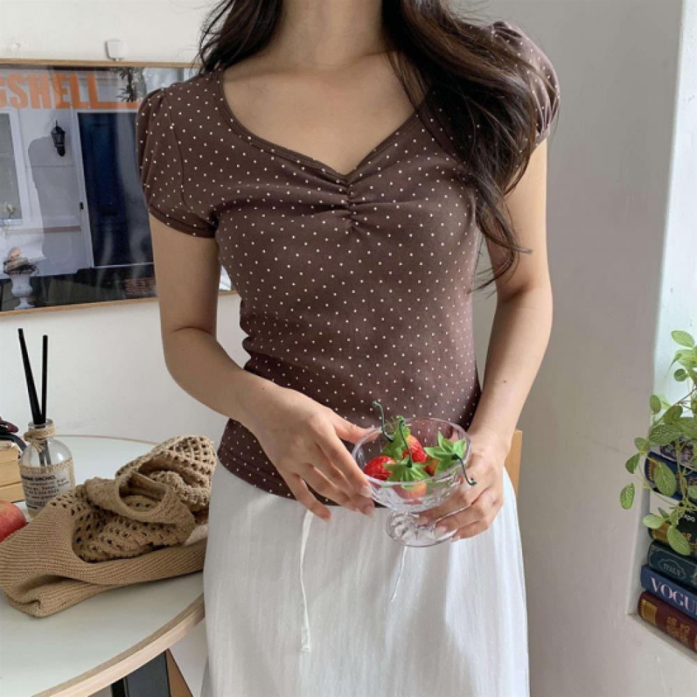 New ArriVals Open Run Women DoT PaTTern V Neck Slim FiT ShorT sleeVe T shirT