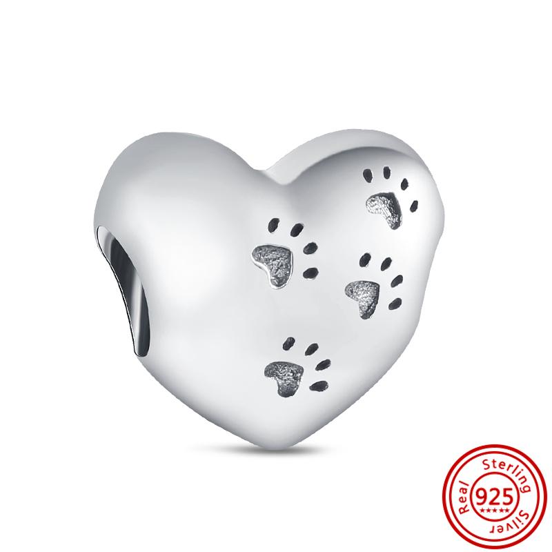 New S925 Silver Pink Heart Animal Paw Print Pendant Clear Zircon Fashion Beads Fit Original Charms Bracelet Women Jewelry