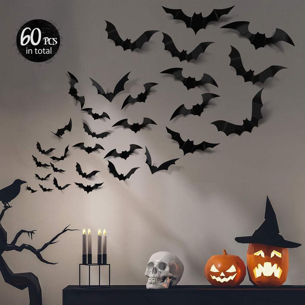 120Pcs 3D Bat Halloween Decoration Stickers for Home Decor 4 Size Waterproof Black Spooky Bats for Room Decals