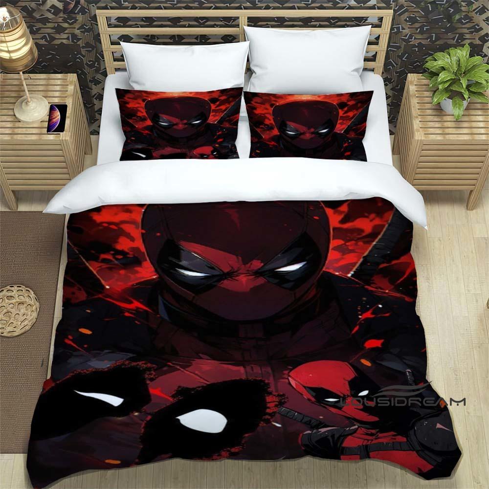 3D printed cartoon Deadpool duvet cover and pillowcase bedding set, suitable for boys and girls' bedroom decoration, children's