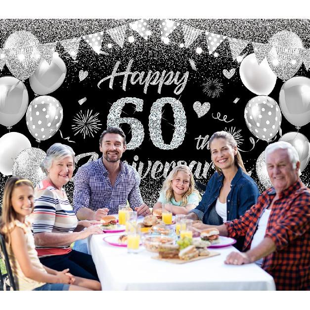 Happy 60th Anniversary Banner Decor Black Silver – Glitter Love Heart Happy 60 Years Wedding Anniversary Party Backdrop Theme Decorations for Women