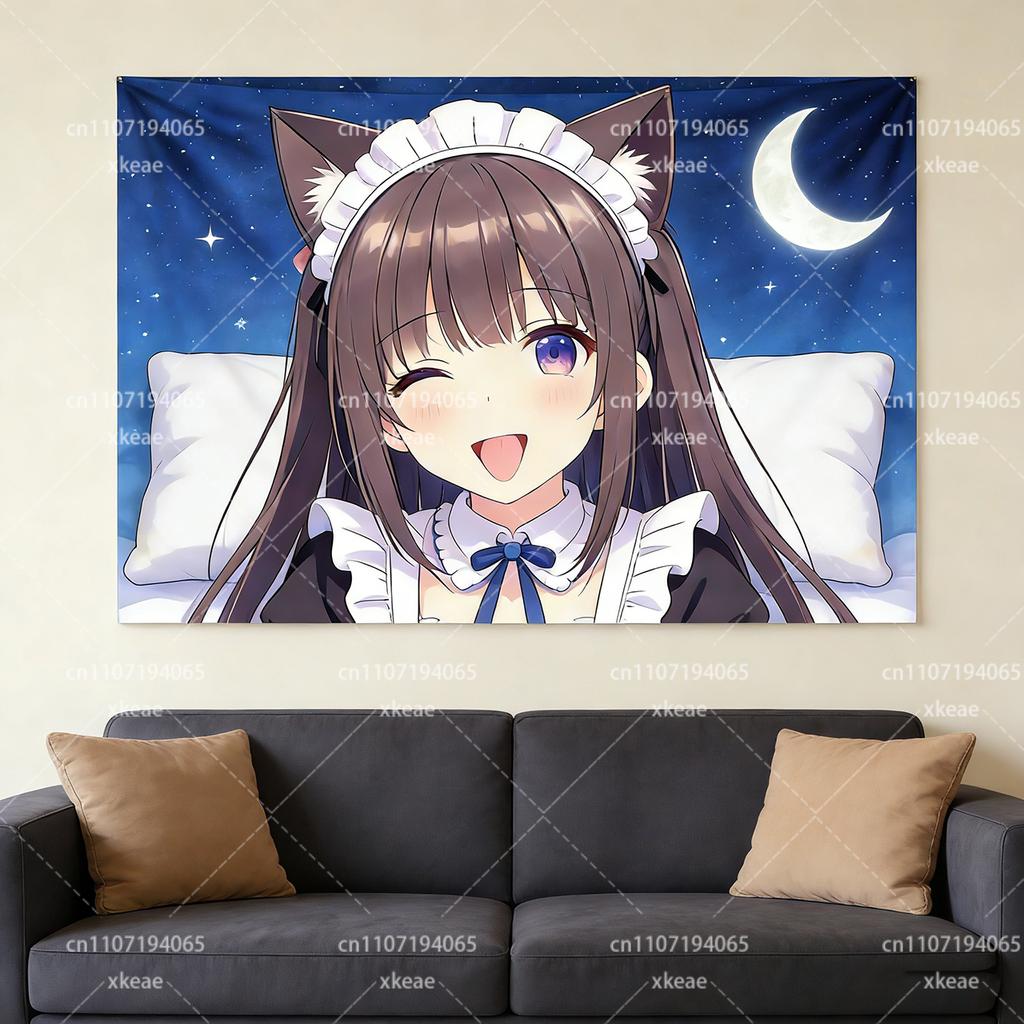 Аниме Кот Уши Горничная Гобелен Ночное Небо Луна Звезда Настенное Украшение Спальня Гостиная Декор Плоская Печать