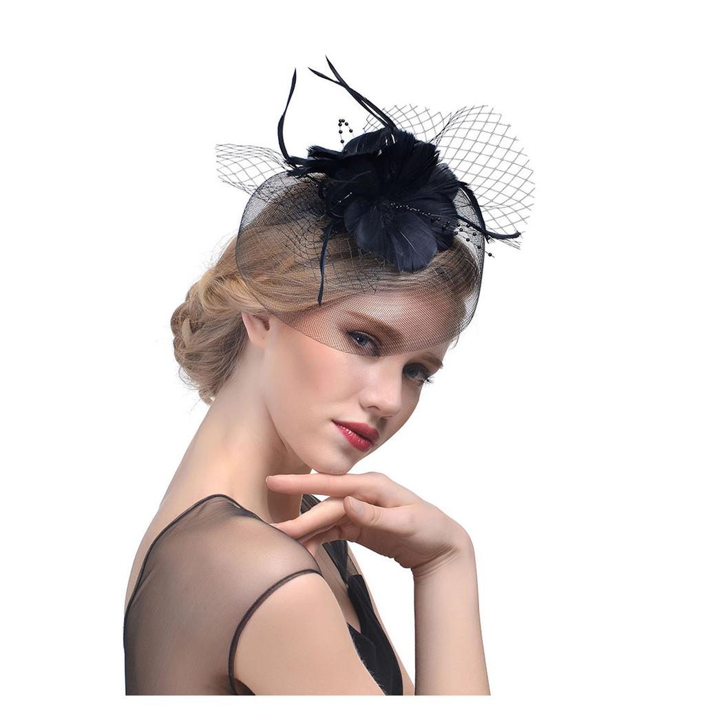 Женщины цветок сетки ленты перья повязка на голову коктейль чаепитие шляпа головные уборы