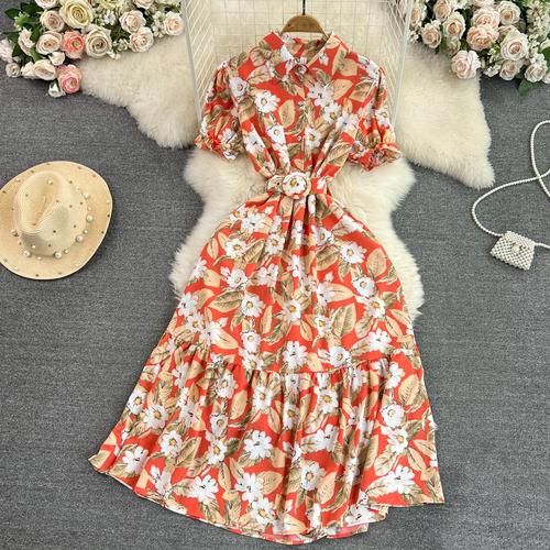 Vintage Robes Puff Short Sleeve Lapel Neck Vestido Wrapped Waist Slim Medium Length A-Line Print Dress