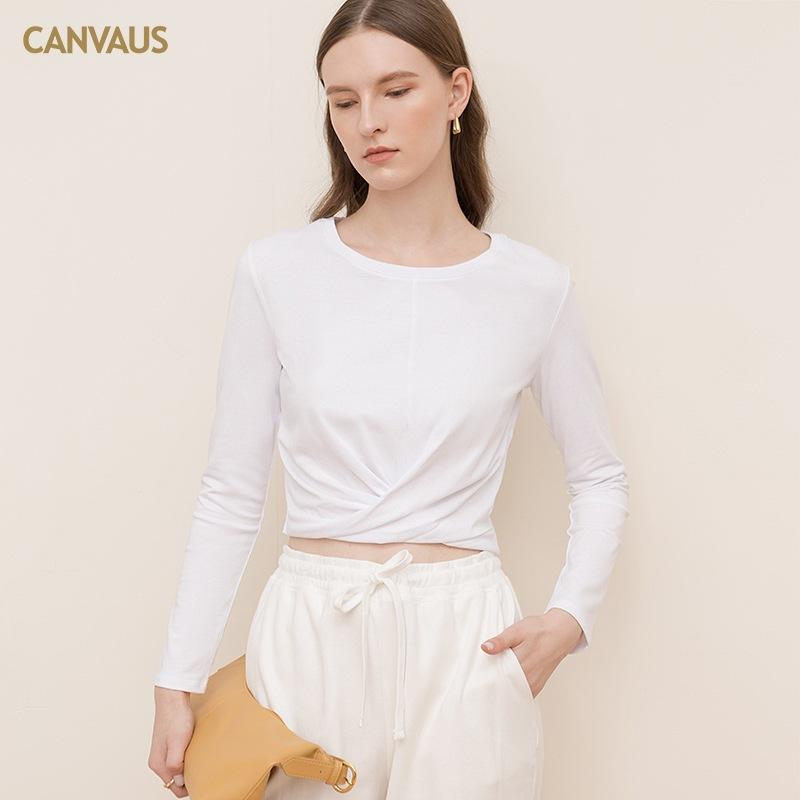 CANVAUS Autumn New Style Cotton Commuter Twisted Fashion Bottoming Shirt Solid Color Long-sleeved Round Neck All-match Women's Clothing