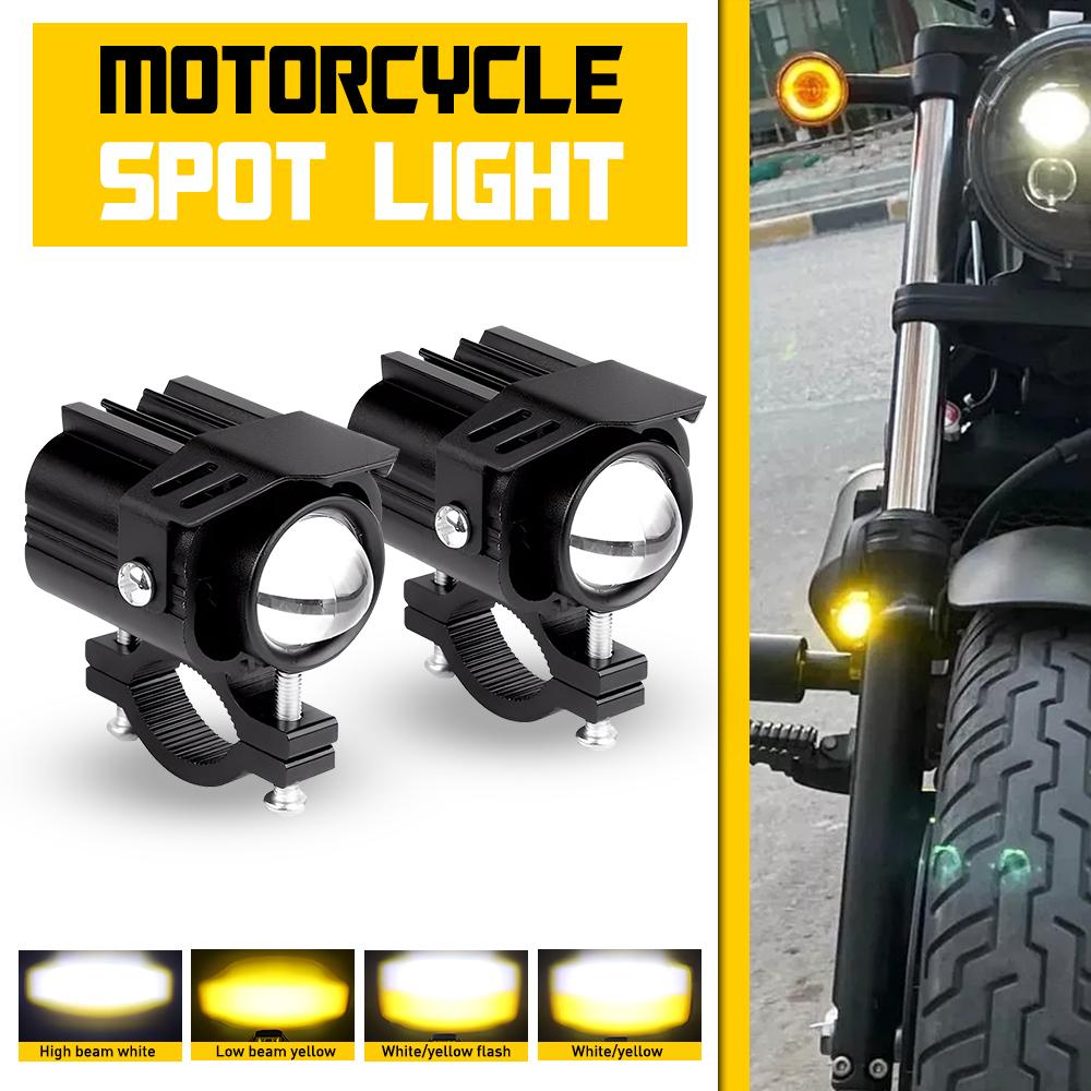 2Pcs Motorcycle Spotlights LED Yellow White Four Mode Strobe 12V Motorcycle Lamp Universal Moto Headlight Spotlights Accessories