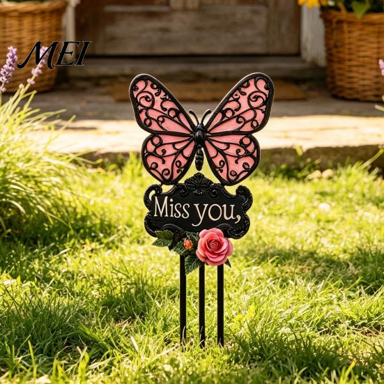 Outdoor Sympathy Gift Butterfly Memorial Garden Stake, Miss You Sign, Pink Acrylic Rose Decor Yard Art Stake for Lawn Courtyard Cemetery Decoration