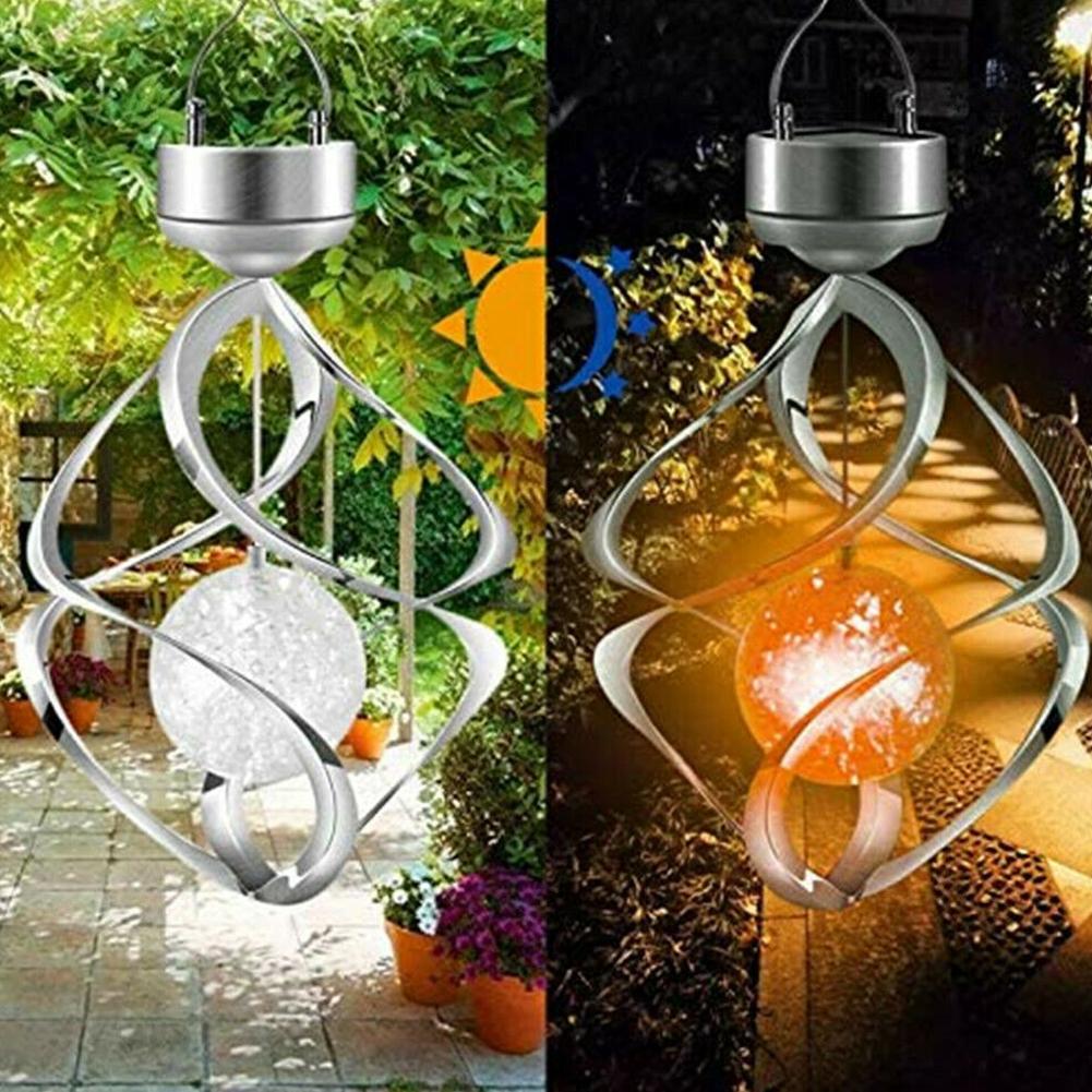 Led Metal Solar Powered Wind Chime Spiral Gyro Light Color Change Hanging Light