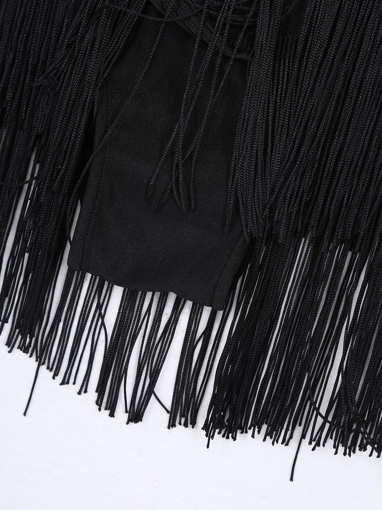 Kids Girls Dance Leotard Sleeveless Mesh Patchwork Sequins Tassel Hem Bodysuit for Latin Jazz Dance