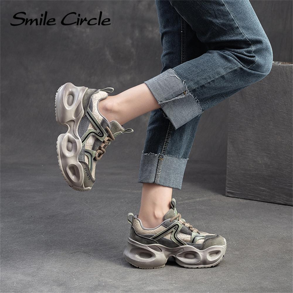 Кроссовки из натуральной кожи с круглым носком и толстой подошвой, удобная модная повседневная обувь