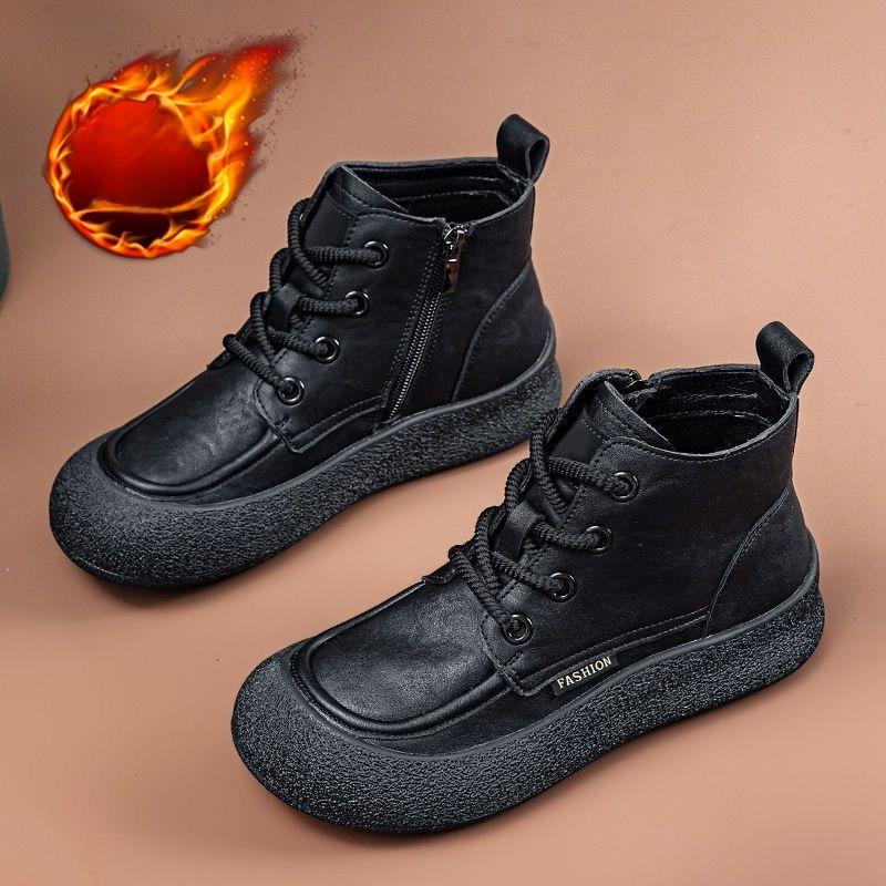 Ботинки на толстой подошве, Женская обувь, Флисовые ботинки, Новые ботильоны на платформе, Ретро ботинки