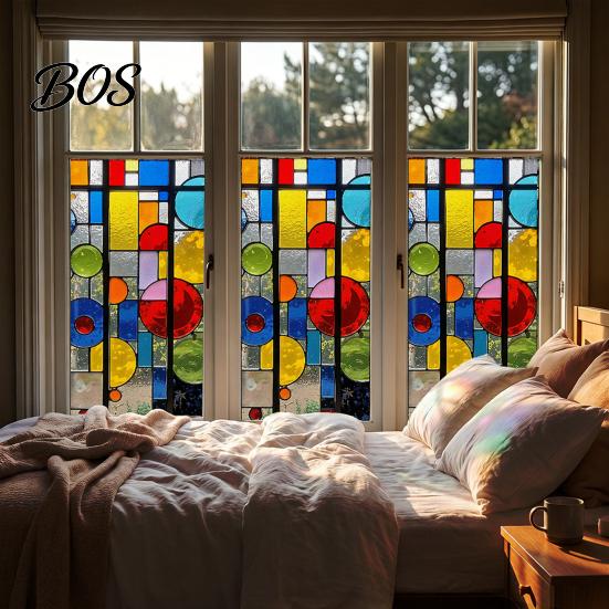 No Glue Window Sticker Static Cling Film, Full Blackout, Colorful Geometric Privacy UV Film Blocking, Reusable Heat Insulation for Home Office