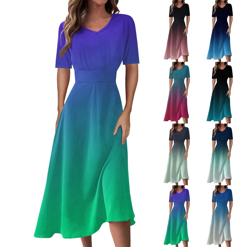 Ladies Casual Fashion Gradient Print V-Neck Short Sleeve Waist Long Swing Dress