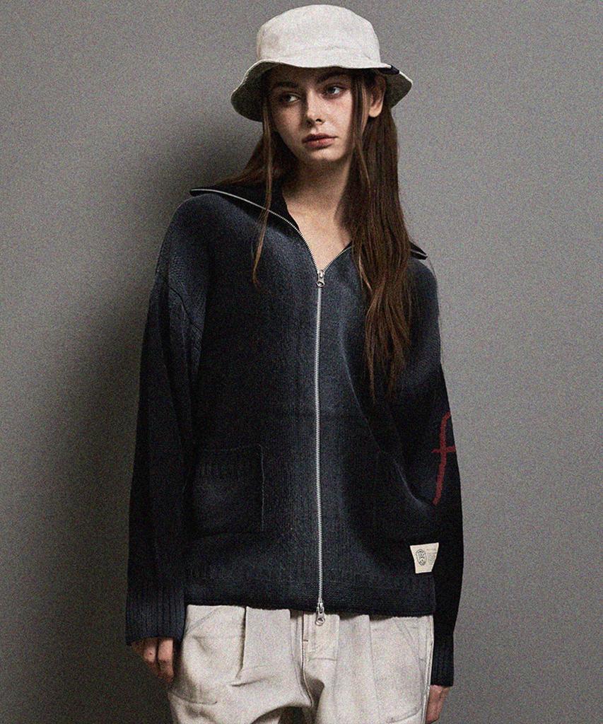 Ffeff Studio Vintage Washed Ffeff Logo Zip-Up Cardigan (Black)