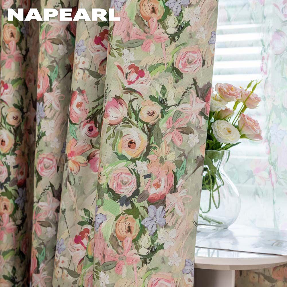 1PC NAPEARL European Pastoral Style Oil Painting Rose Print Curtain Full Blackout Curtains for Bedroom Living Room Balcony Window for Home Decor