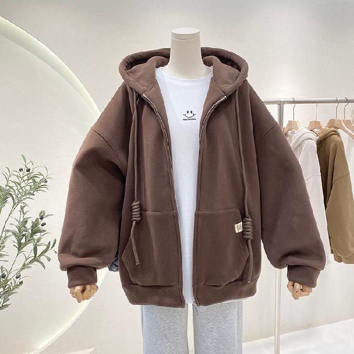 Women's Fashion Casual Solid Color Print Autumn Winter Long Sleeve Hooded Jackets & Coats