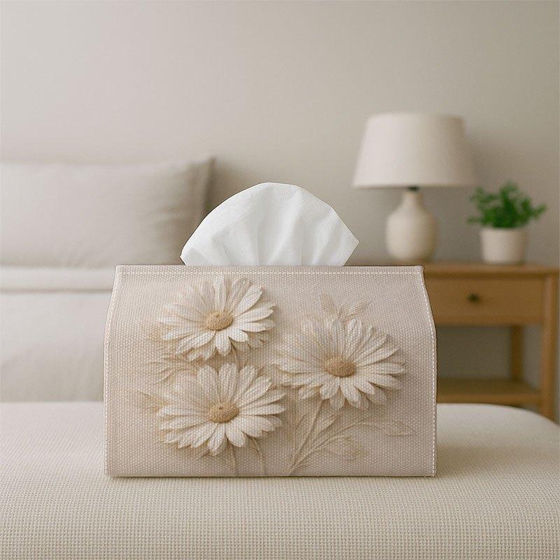 2D Flat 1pc Minimalist Classic Floral Multi-Use Fabric Tissue Box with Daisy Blossom Ivory Design, Soft Holder Suitable for Kitchen, Living Room, Bedr