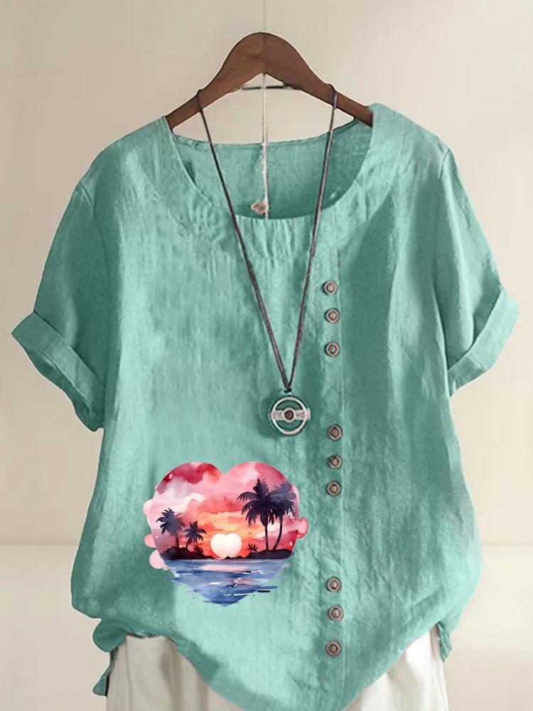 Women's Fashion Heart-shaped Scenery Printing Shot Sleeve T-shirt Loose Cotton Shirt Casual Loose Summer Blouse Tops Plus Size